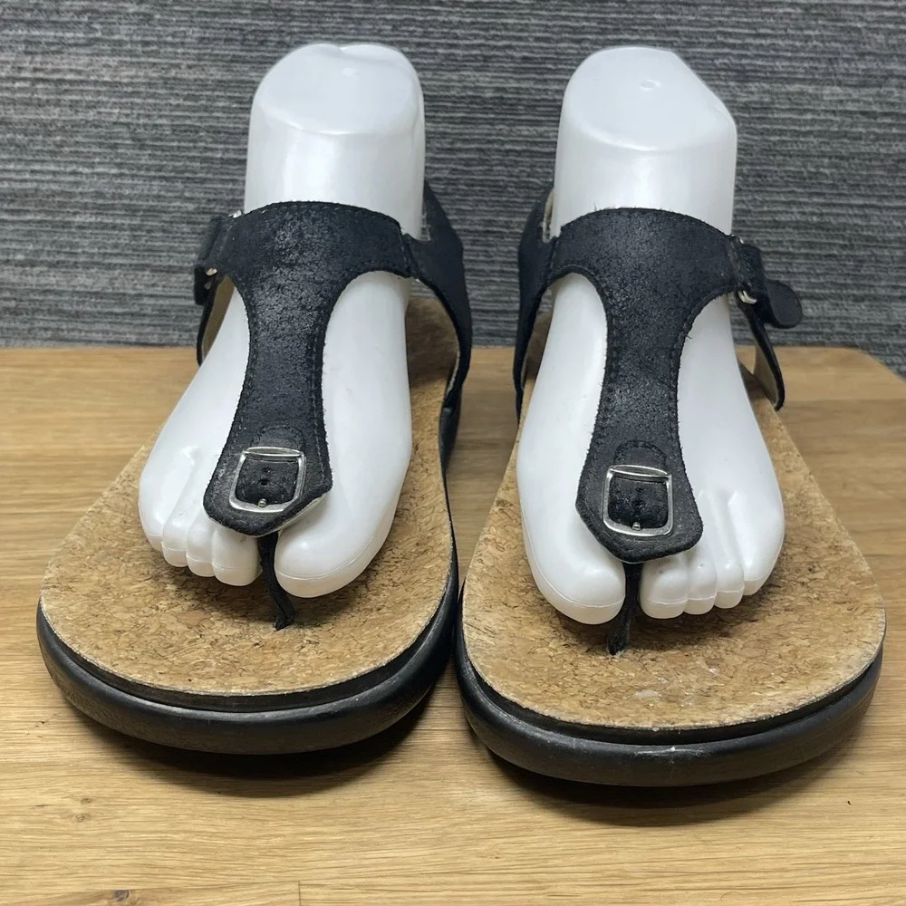SAS Marina Sandals Womens 9.5 W Black Leather T-Strap Wide Cork Bed Thong Shoes‎